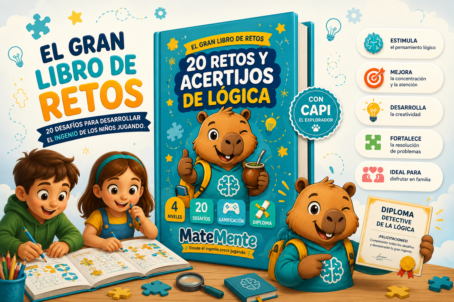 El Gran Libro de Retos 20 desafíos para desarrollar el ingenio de los niños jugando.